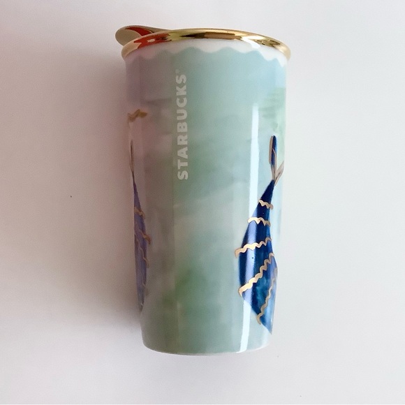 Starbucks Mermaid Siren Ceramic Travel Tumbler Mug Gold Lid 2014 Watercolor new - Picture 6 of 12